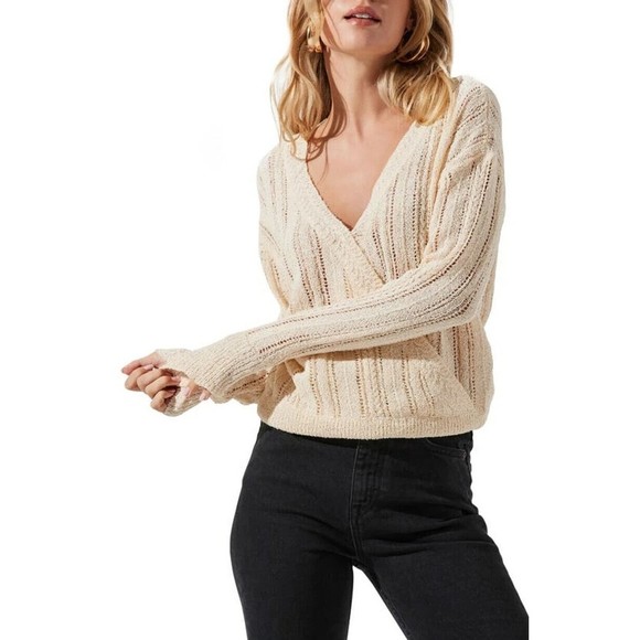 ASTR the Label XL Wrap Front Pointelle Knit Sweater Cream Long Sleeve V-neck NWT - Picture 1 of 12